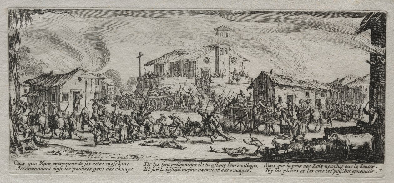 Die großen Leiden des Krieges: Plünderung und Verbrennung eines Dorfes von Jacques Callot