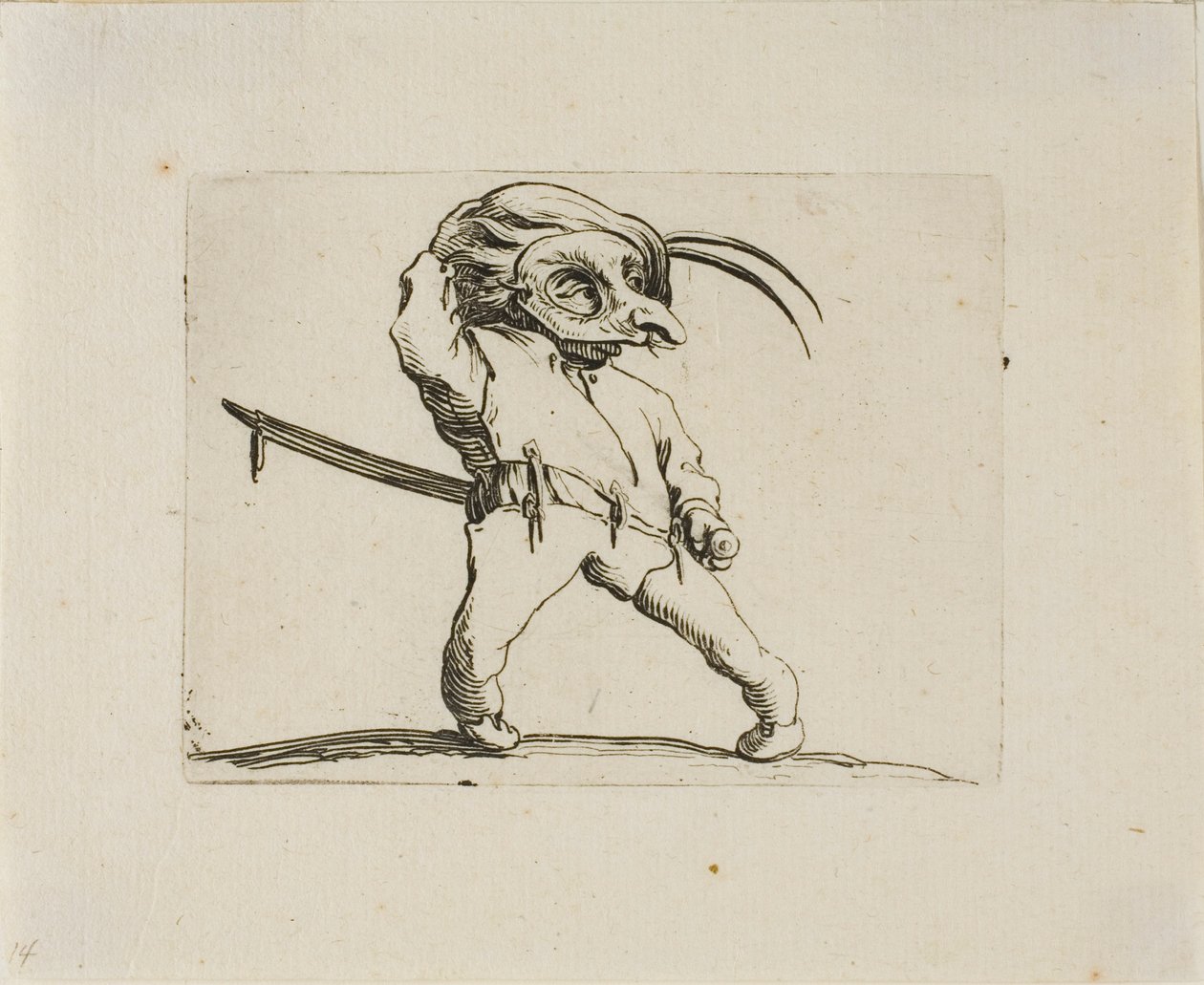 Der maskierte Mann mit verdrehten Beinen, aus Varie Figure Gobbi von Jacques Callot
