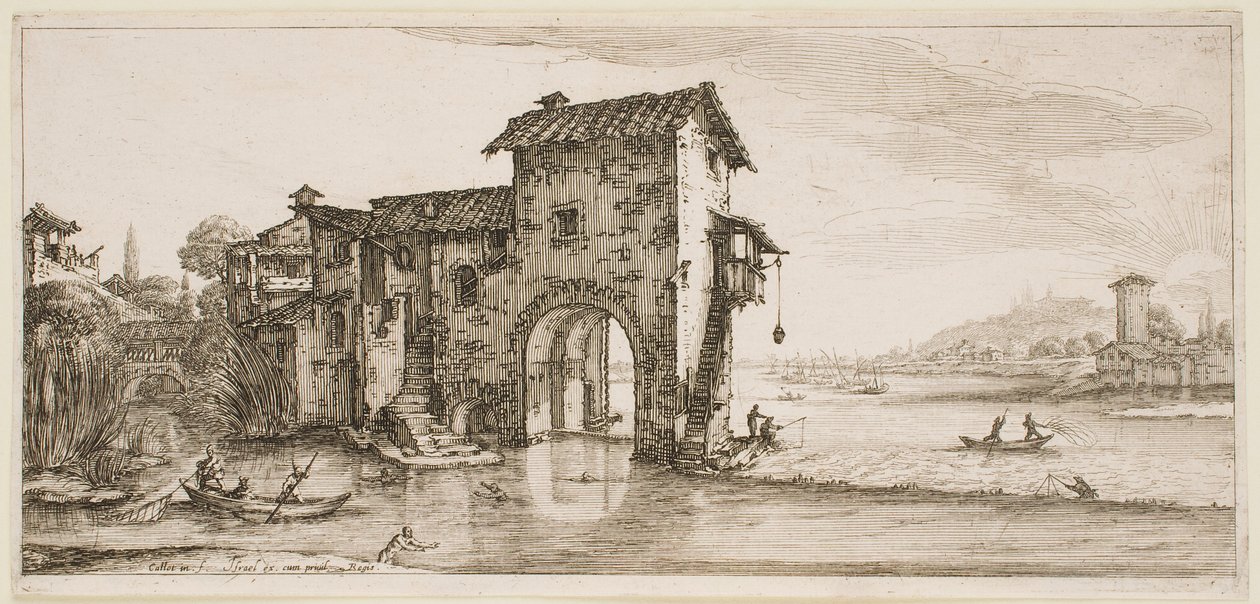 Die Mühle am Fluss, aus der Serie „Die Landschaften von Florenz“ von Jacques Callot