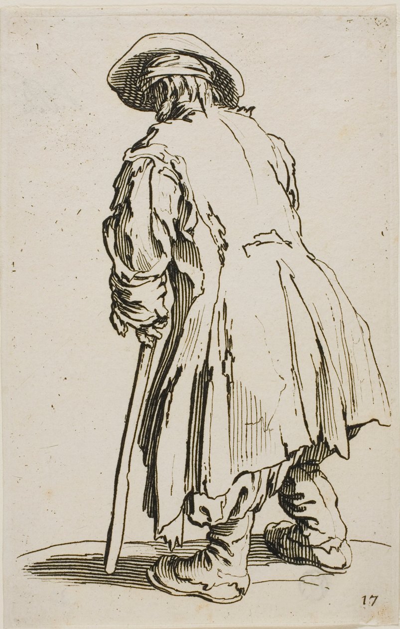 Der alte Bettler, der sich auf seine Krücke stützt, Platte siebzehn aus Die Bettler von Jacques Callot
