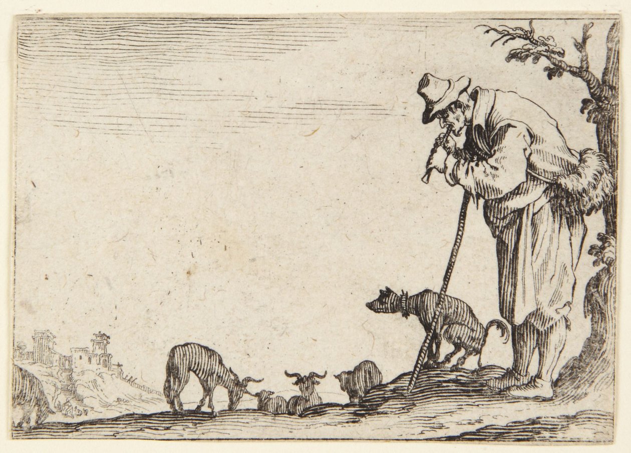 Der Hirte, der eine Flöte spielt von Jacques Callot