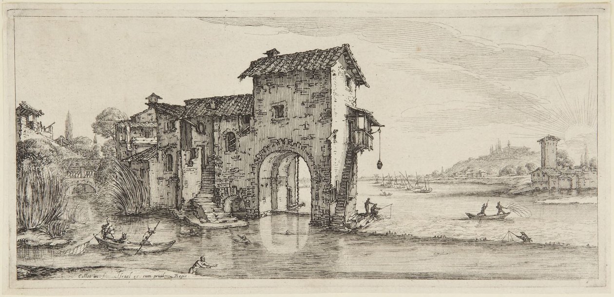 Die Wassermühle, aus der Serie Diverse Vedute Designate in Fiorenza (Verschiedene in Florenz entworfene Landschaften) von Jacques Callot