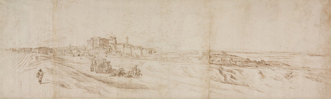 Ansicht des Castello Bracciano, nahe Rom mit Kutsche und Figuren von Jacques Callot