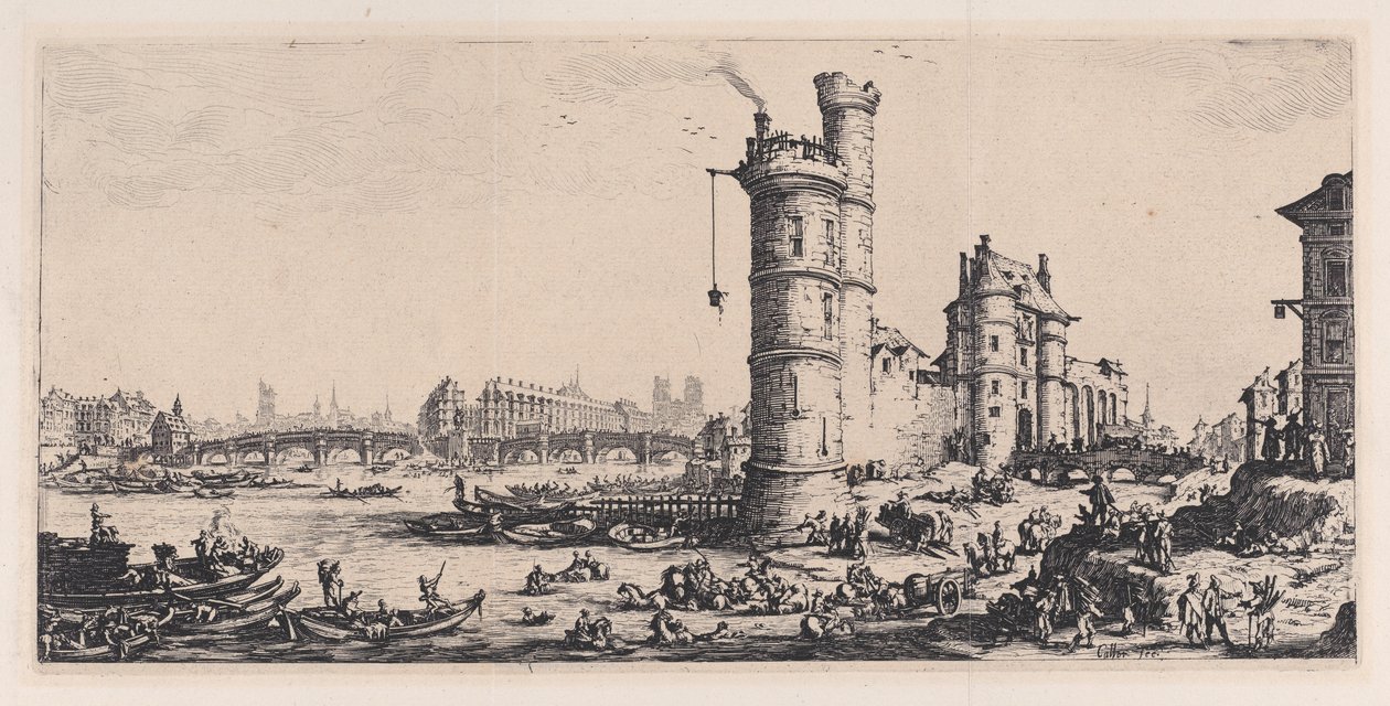 Vue de Pont-Neuf (Ansicht der Pont-Neuf), aus "Les Deux Grandes Vues de Paris" (Die zwei großen Ansichten von Paris) von Jacques Callot