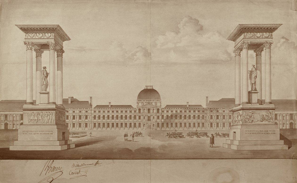 Plan für die Denkmäler zur Erinnerung an den 14. Juli und den 10. August, die am Place du Carrousel aufgestellt werden sollen (Feder & Tinte auf Papier) von Jacques Delannoy