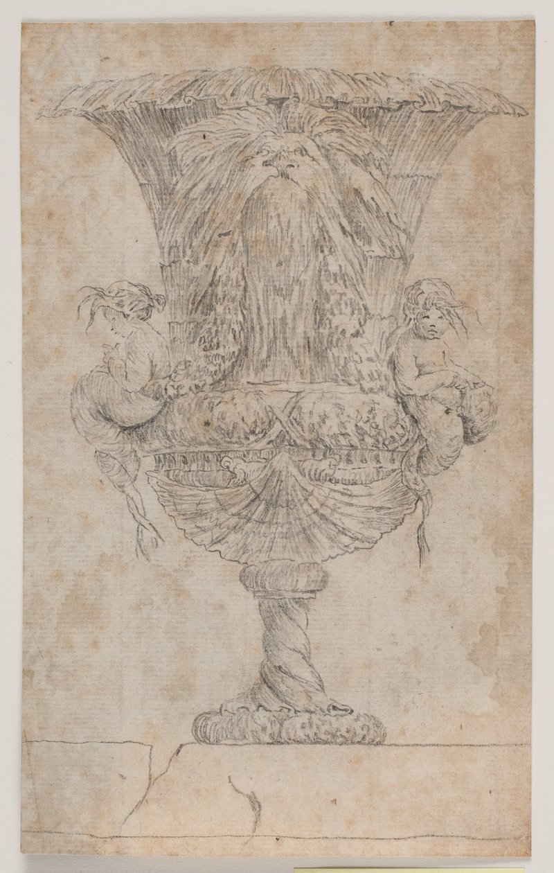 Zier-Vase mit zwei Putti (Meerjungfrauen?). Kopie nach Radierung (Tafel 9) aus der Suite der 1746 von Saly gezeichneten Vasen. "Vasa a se inventa..." von Jacques Francois Joseph Saly