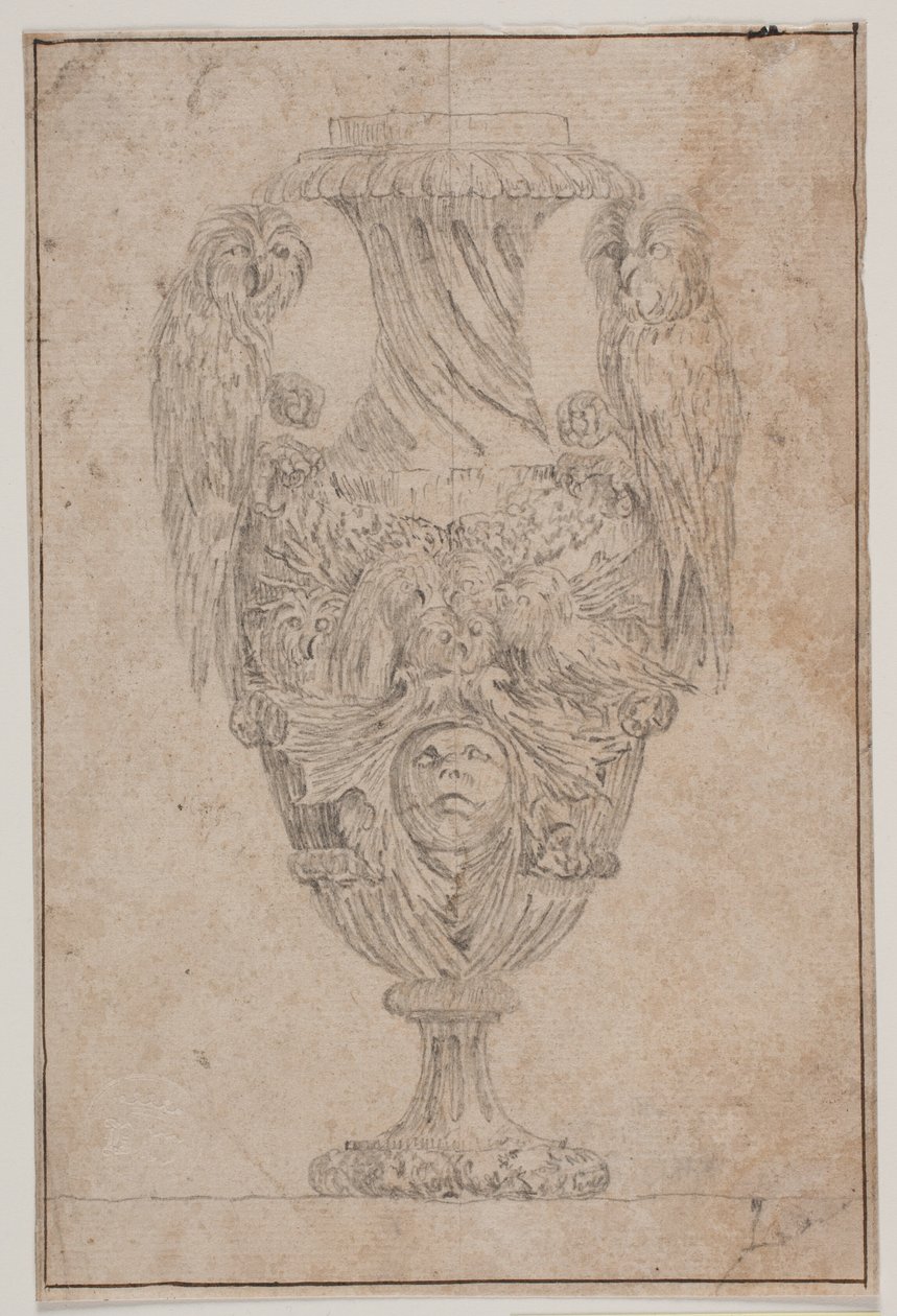 Zier-Vase mit zwei Eulen und einem Kopf. Kopie nach Pl. 15 aus der Suite der 1746 von Saly gezeichneten Vasen, "Vasa a se inventa..." von Jacques Francois Joseph Saly