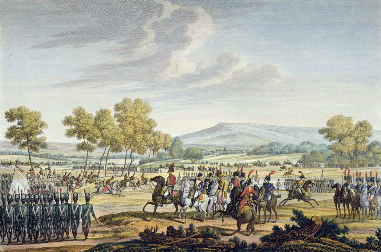 Die kaiserliche Garde manövriert in Anwesenheit der beiden Kaiser in Tilsit, 28. Juni 1807, graviert von Edme Bovinet (1767-1832) von Jacques Francois Joseph Swebach