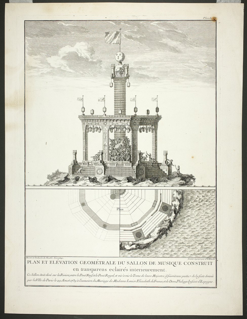 Plan und Aufriss eines Musikzimmers, Platte drei aus Beschreibung der Feste Gegeben von der Stadt Paris von Jacques François Blondel