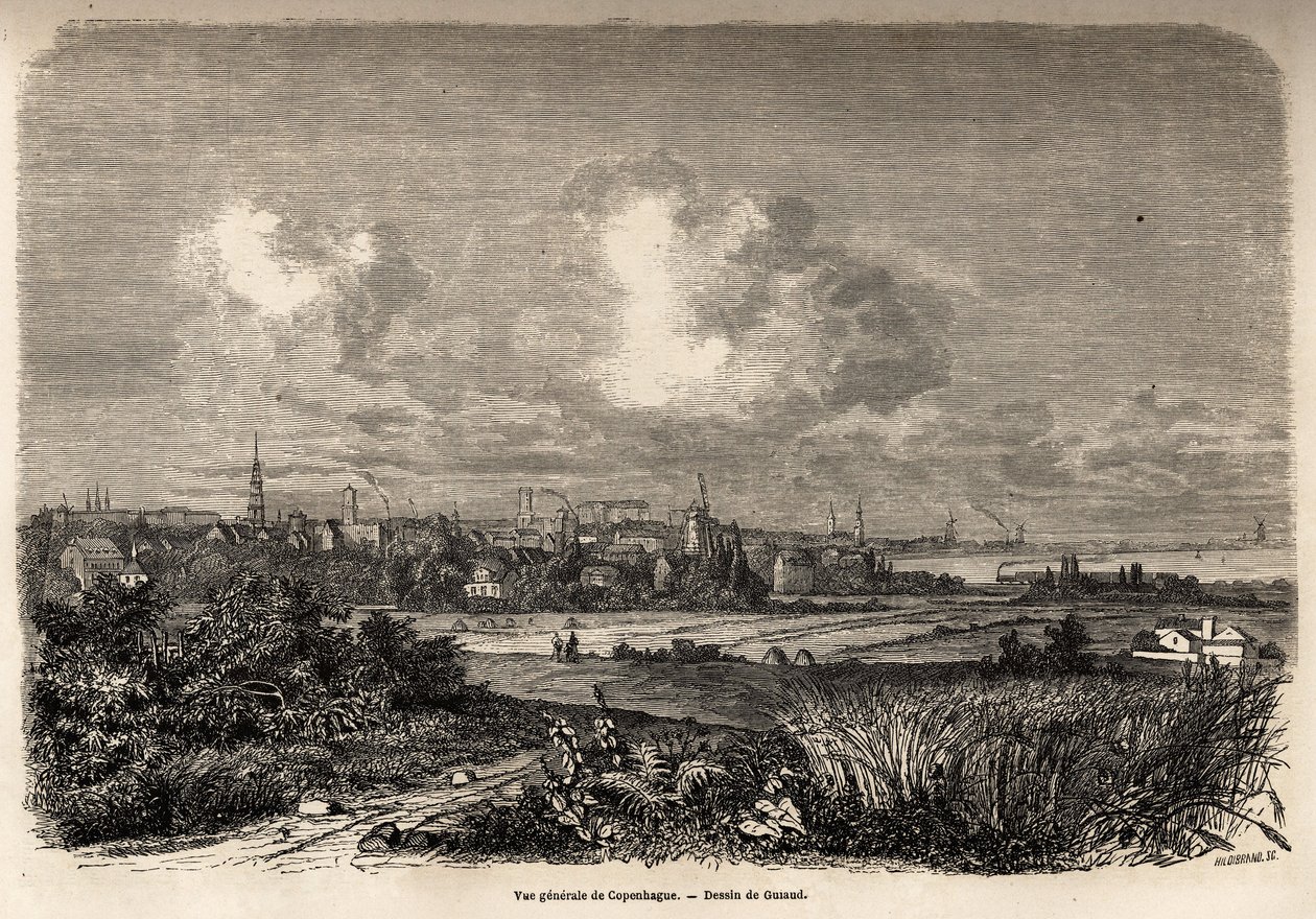Gesamtansicht von Kopenhagen, Zeichnung von Jacques Guiaud (1810-1876), zur Illustration der Reise von J.M.Dargaud nach Dänemark (1800-1860) im Jahr 1860. Gravur in „Le tour du monde“, herausgegeben von Edouard Charton. von Jacques Guiaud