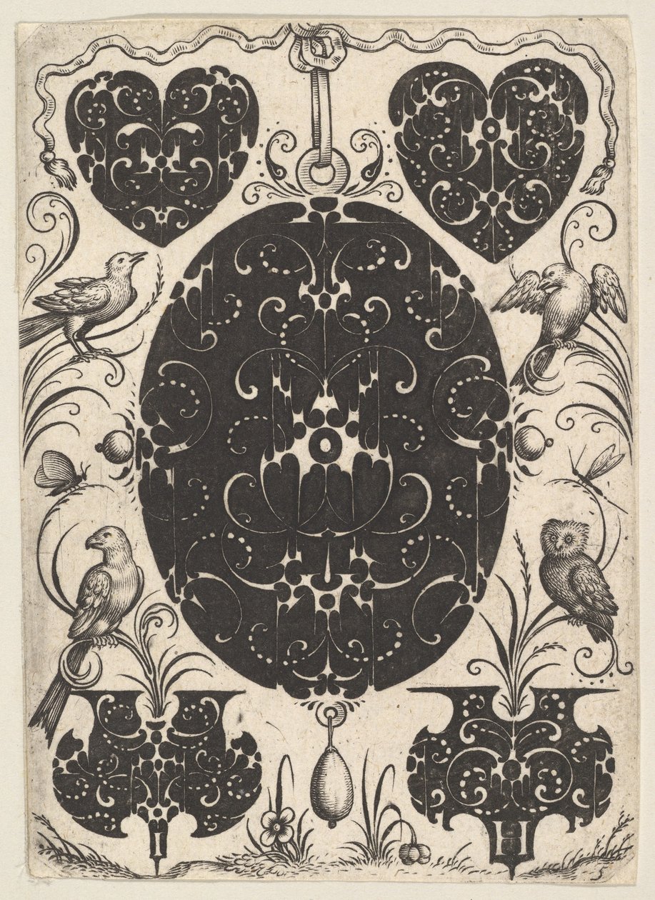 Ovales Anhänger dekoriert mit Schweifwerk, umgeben von kleineren Motiven und vier Vögeln, ca. 1614-19 von Jacques Hurtu