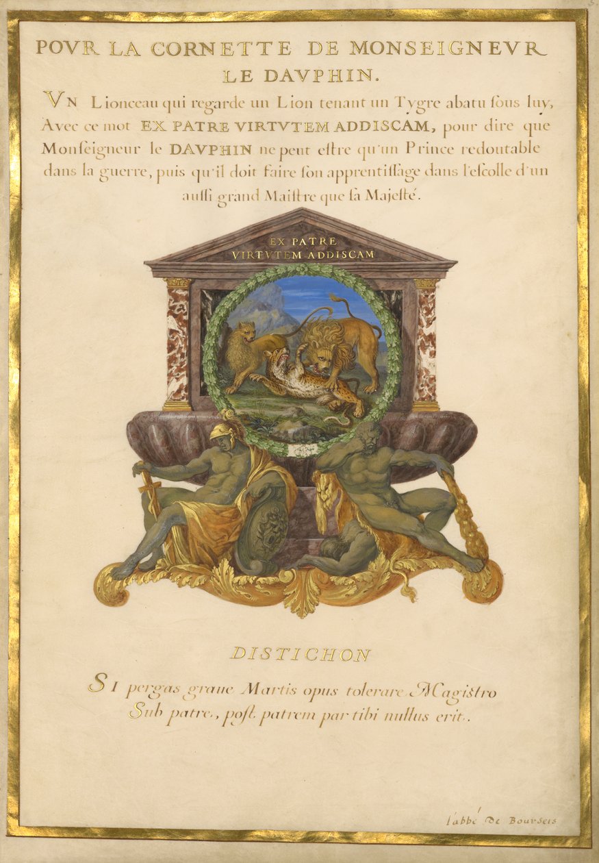 Ms. 11 (4) f.5, Emblem für Louis XIV, ca. 1663-68 (Gouache & Gold auf Pergament) von Jacques I Bailly