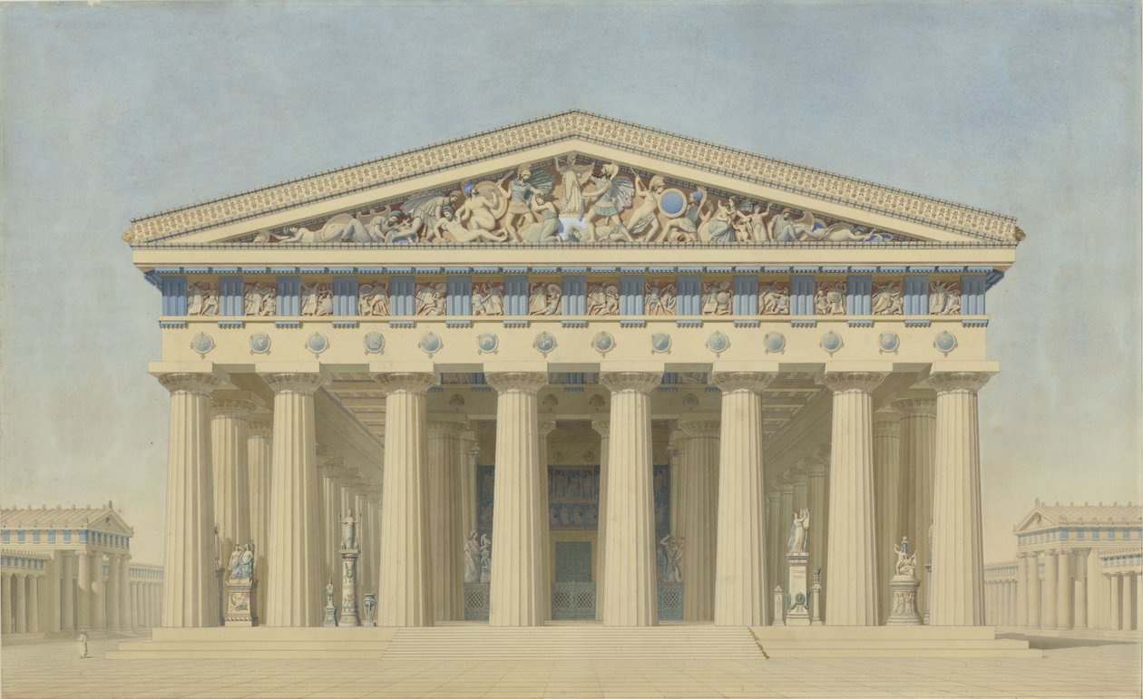 Tempel T in Selinunte (Sizilien), rekonstruierte Erhebung der Hauptfassade von Jacques Ignace Hittorff