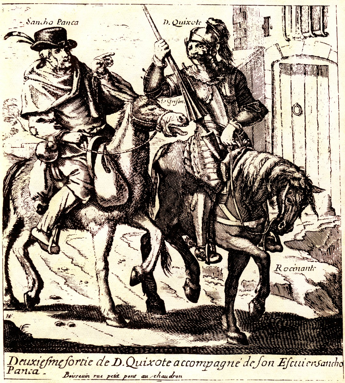 Don Quichotte auf Rossinante, begleitet von Sancho Panca auf seinem Esel Grison, um 1640 (Illustration) von Jacques Lagniet