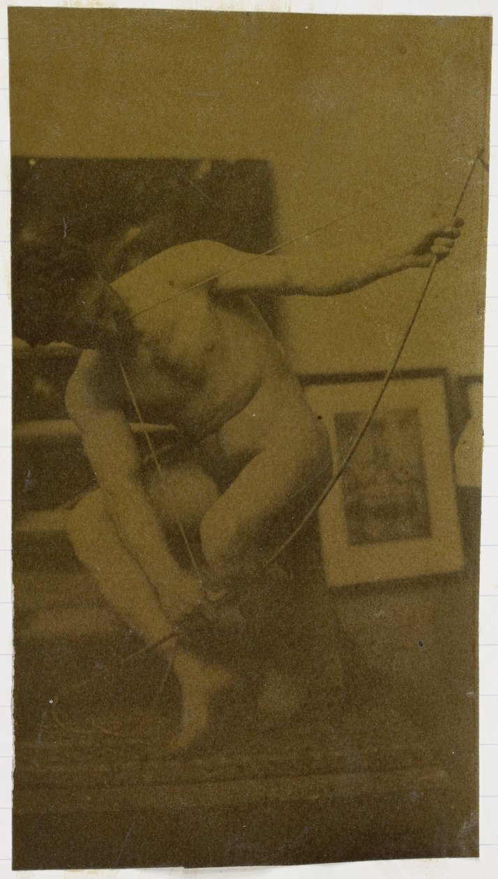 Studie eines männlichen Aktmodells, hockend mit einem Bogen in der Hand von vorne gesehen, im Atelier von Jacques de Lalaing von Jacques Lalaing (attributed to)