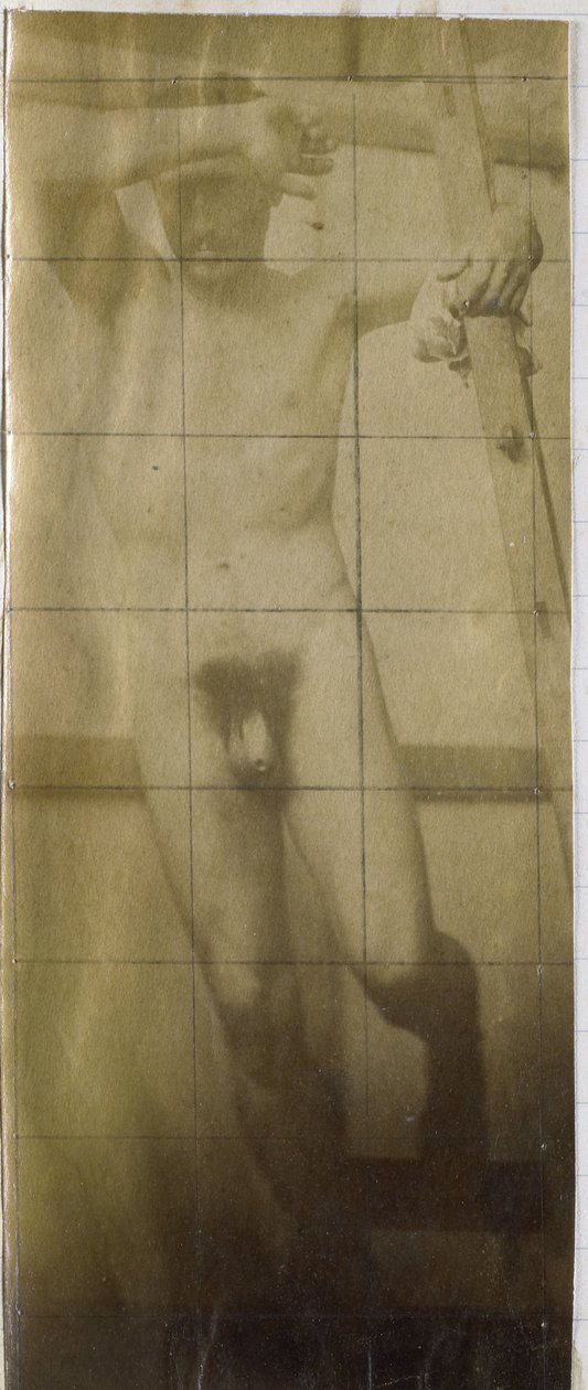 Studie eines männlichen Aktmodells, hängend in einem Holzgestell, im Atelier von Jacques de Lalaing von Jacques Lalaing (attributed to)