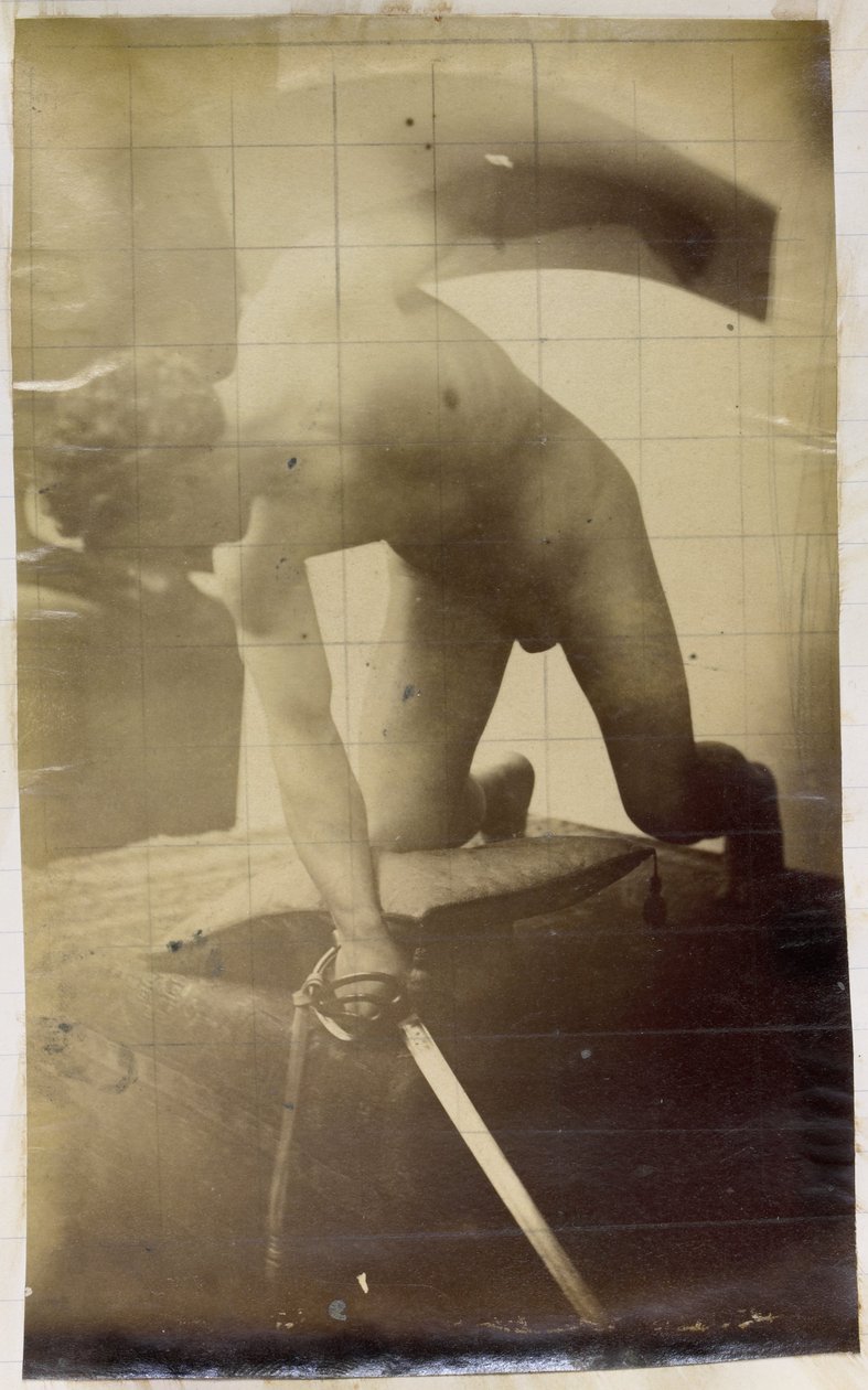 Studie eines männlichen Aktmodells, kniend mit Schwert und Schild in den Händen, im Atelier von Jacques de Lalaing von Jacques Lalaing (attributed to)