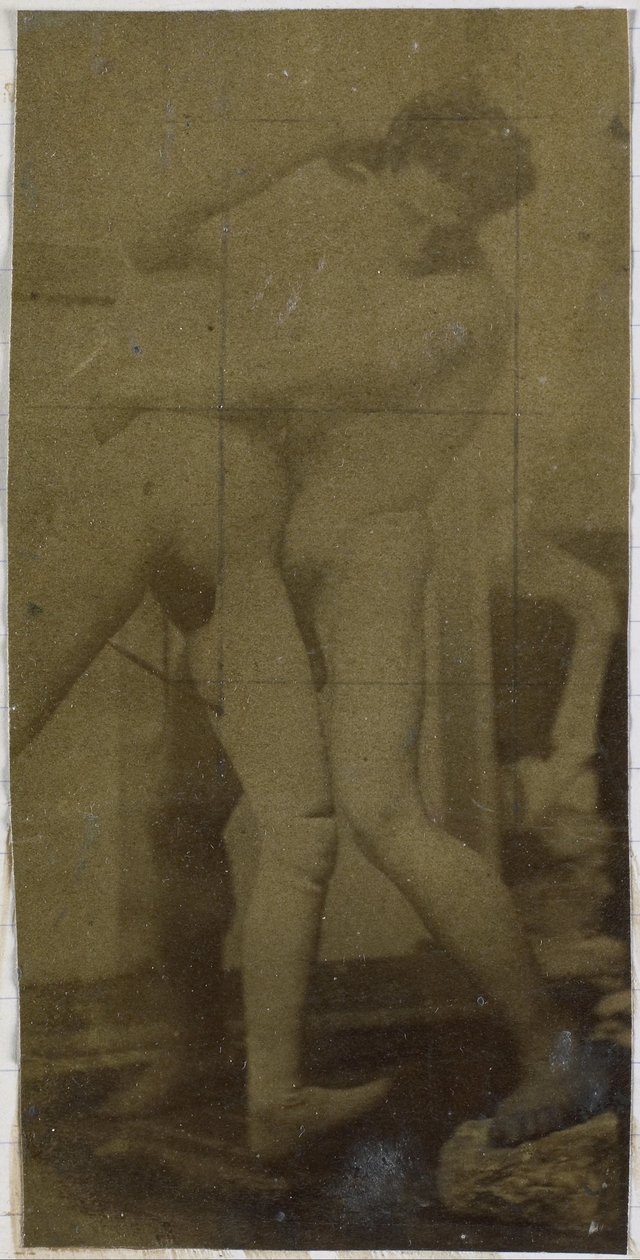 Studie eines männlichen Aktmodells, stehend und ringend mit einer Gliederpuppe, im Atelier von Jacques de Lalaing, möglicherweise Vorstudie für das Gemälde Die Ringer von Jacques Lalaing (attributed to)