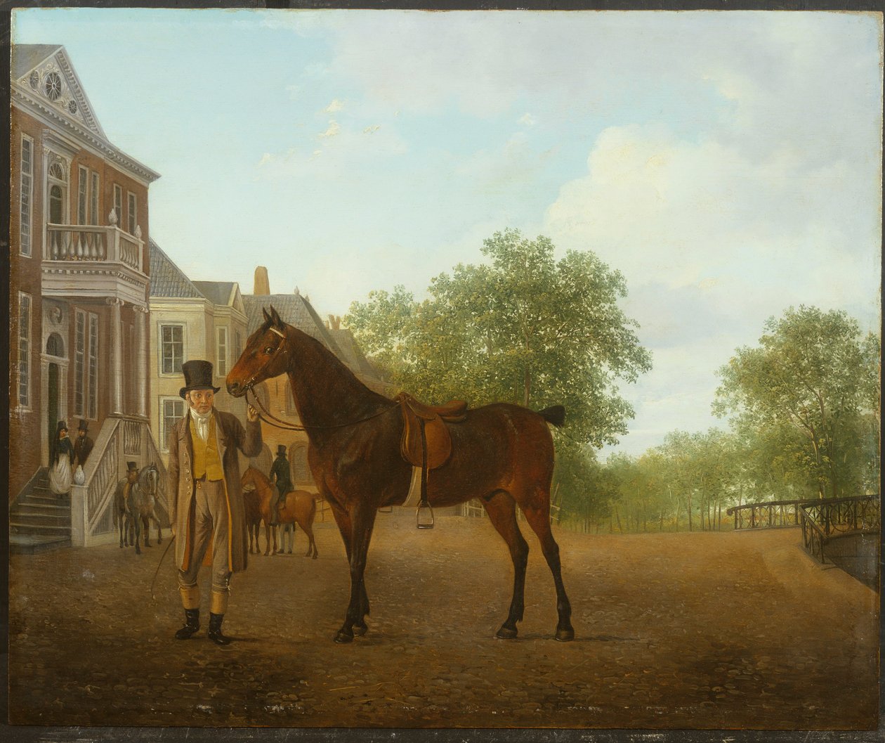 Ein Herr, der ein gesatteltes Pferd in einer Straße an einem Kanal hält von Jacques Laurent Agasse