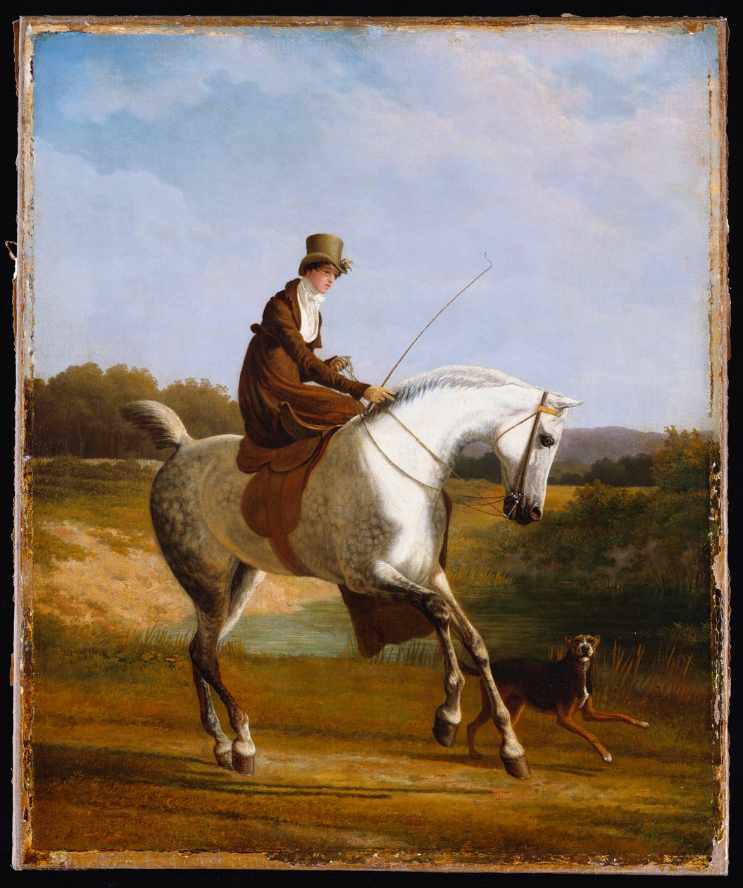 Miss Cazenove auf einem grauen Jäger, ein Hund läuft daneben von Jacques Laurent Agasse