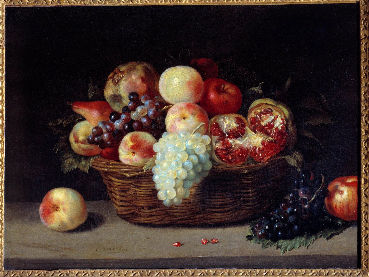 Korb mit Granatäpfeln, Pfirsichen und Trauben (Gemälde von Jacques Linard, 17. Jahrhundert) von Jacques Linard