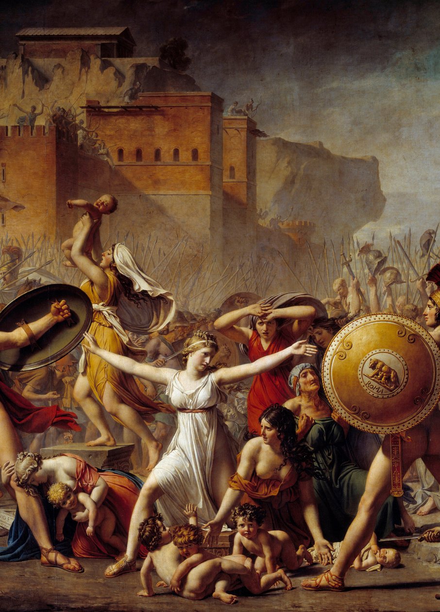 (Detail) Die Sabinerinnen vermitteln zwischen ihren römischen Ehemännern und ihren sabinischen Brüdern und zeigen ihnen ihre Kinder. Gemälde von Jacques-Louis David von Jacques Louis David