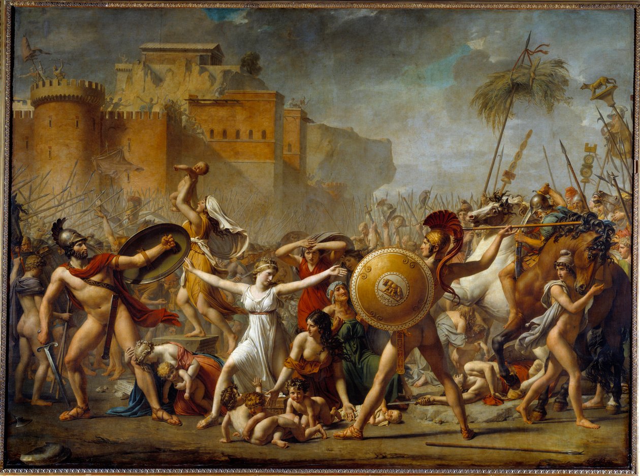 Die Sabinerinnen vermitteln zwischen ihren römischen Ehemännern und ihren sabinischen Brüdern und zeigen ihnen ihre Kinder von Jacques Louis David