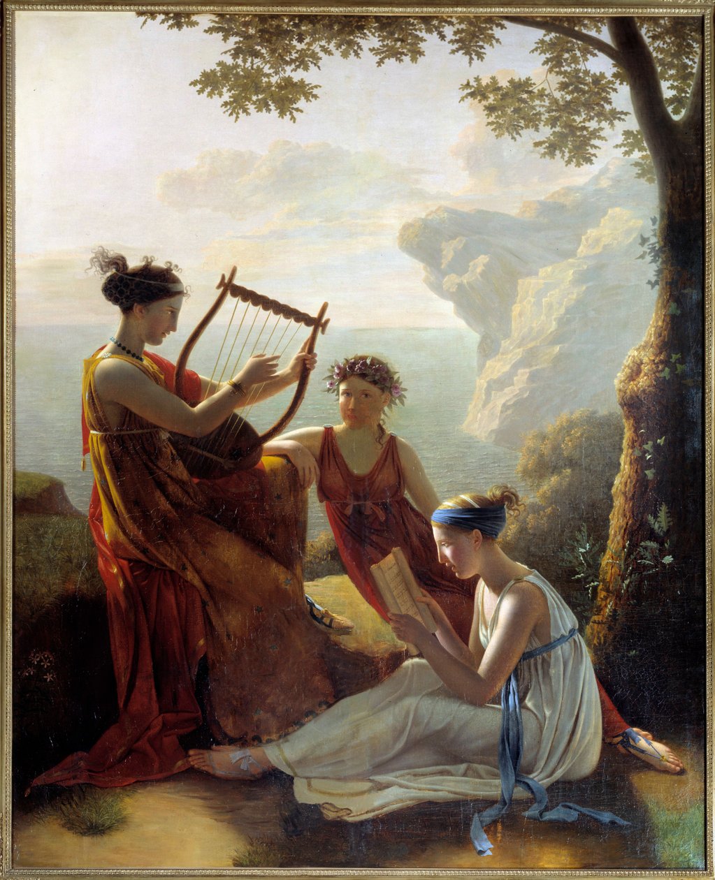 Griechische Dichterin Sappho spielt Lyra mit zwei ihrer Gefährtinnen von Jacques Louis Michel Grandin
