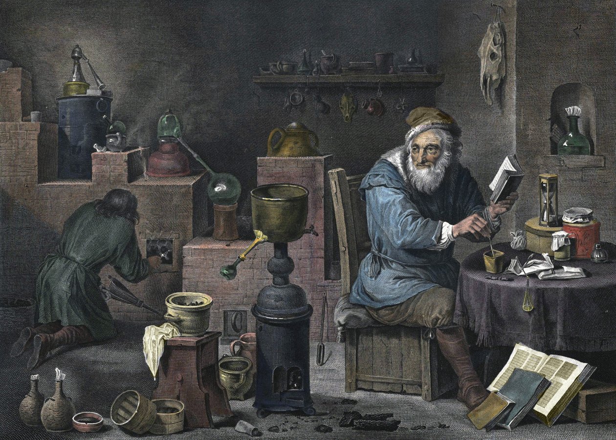Der Alchemist. Gravur von Jacques-Louis Pérée. 17. Jahrhundert. von Jacques Louis Perée