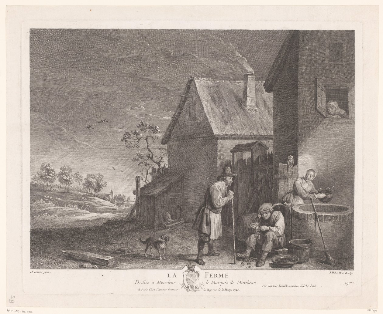 Zwei Männer und eine Frau vor dem Brunnen bei einem Bauernhof (La Ferme) von Jacques Philippe Le Bas