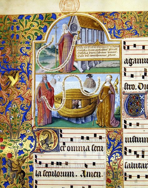 Ms 0412 Miniaturen, die eine allegorische Darstellung der Kirche und darunter Moses mit den Gesetzestafeln, die Arche Noah und eine Frau mit verbundenen Augen darstellen, die die 