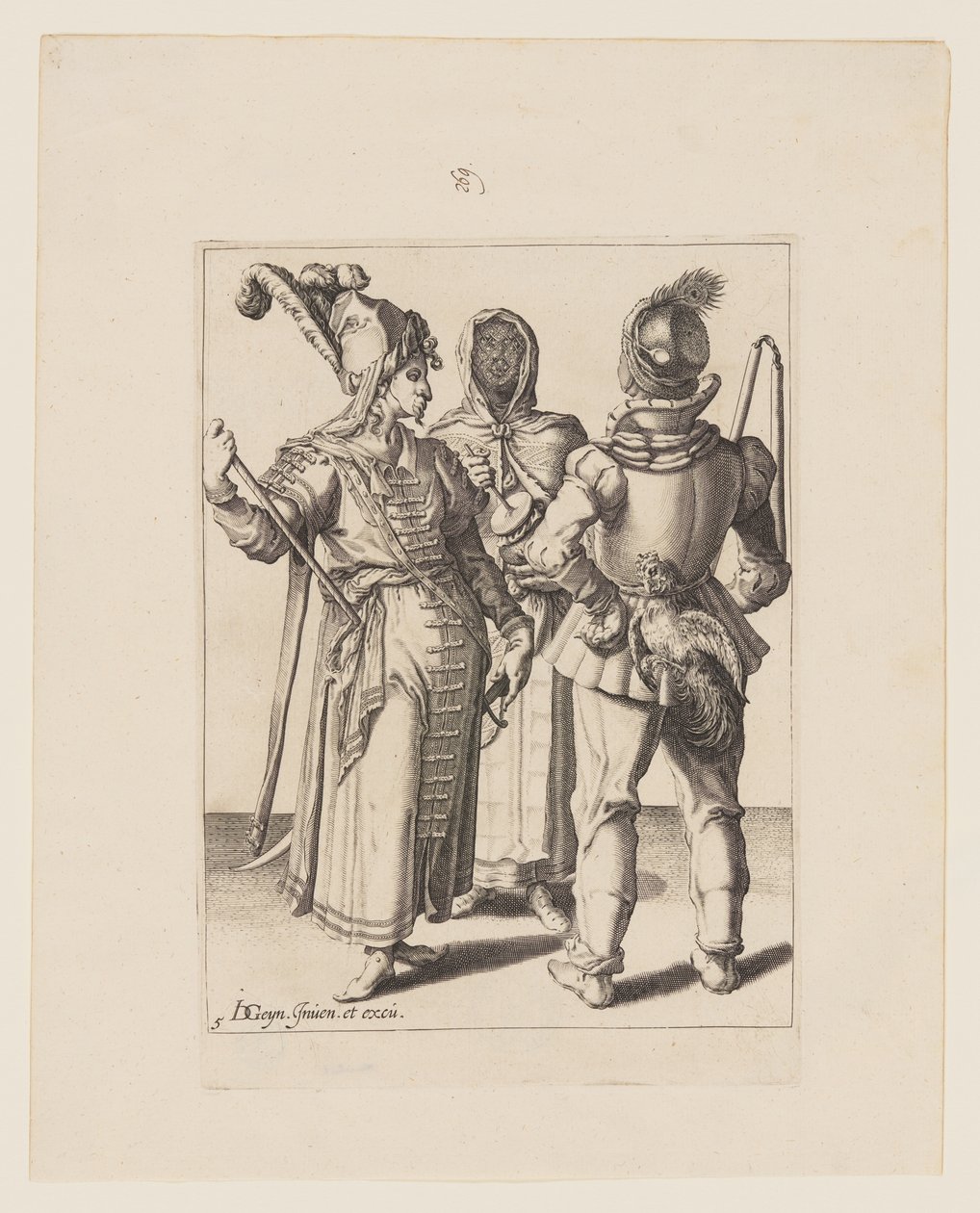 Ein Grandee in östlicher Kleidung, ein Mann mit einem Hahn an seinem Gürtel und eine verschleierte Frau, die den Rumbling-Pot spielt, aus Die Maskeraden von Jacques de Gheyn II