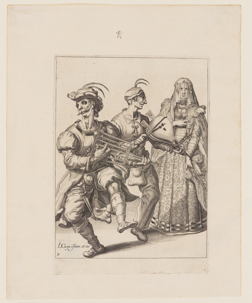 Eine verschleierte Frau mit zwei Musikern, die ein Rost und einen Blasebalg spielen, aus Die Maskeraden von Jacques de Gheyn II