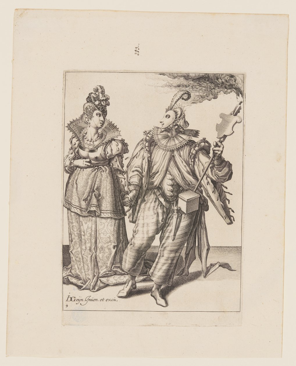 Eine Frau, geführt von einem Spieler mit einer Fackel, aus Die Maskeraden von Jacques de Gheyn II
