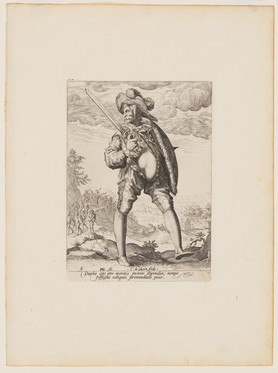 Soldat, bewaffnet mit Breitschwert und Schild, aus Offiziere und Soldaten der Leibgarde von Kaiser Rudolf II von Jacques de Gheyn II