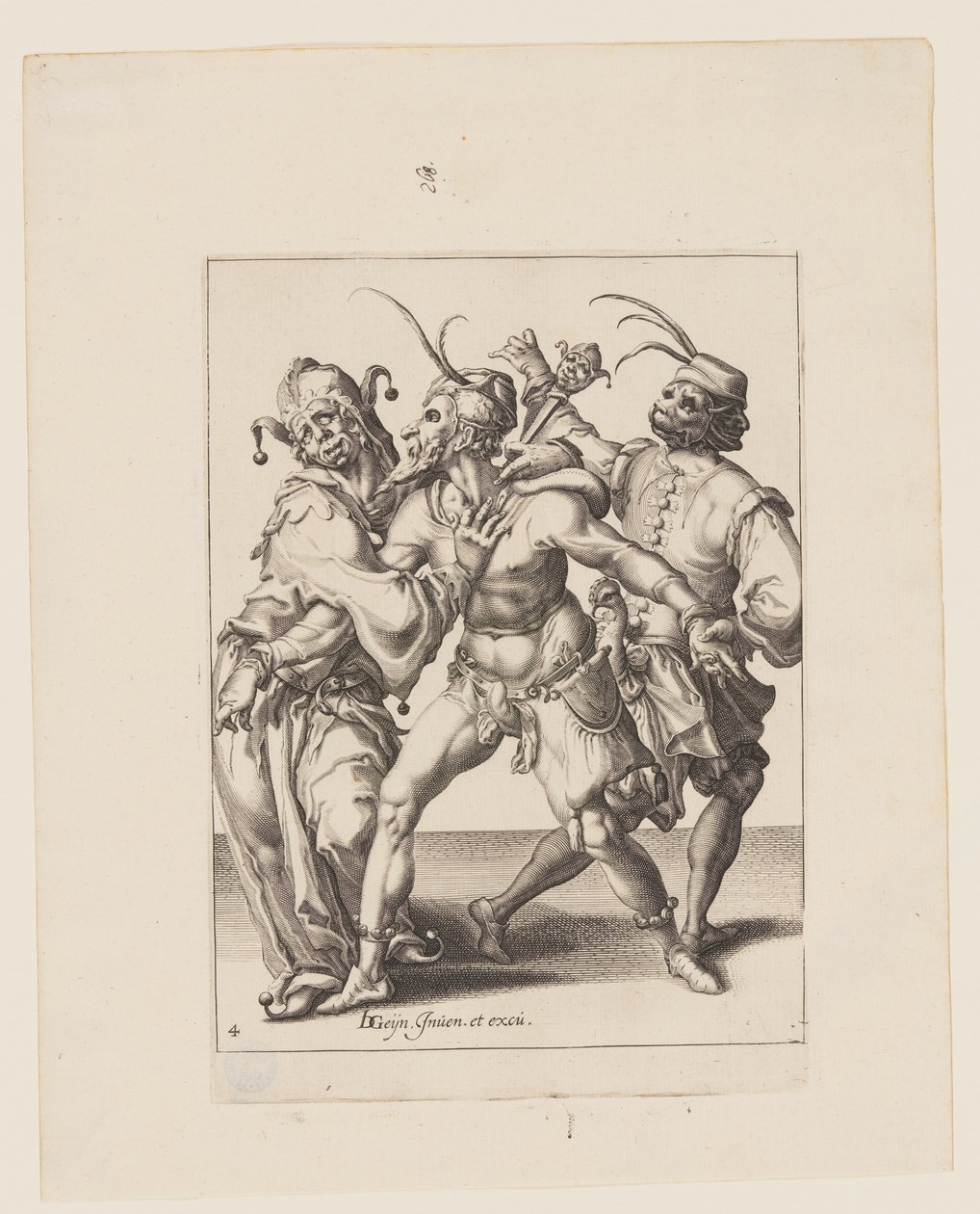 Drei tanzende Mummern, darunter ein Narr, aus Die Maskeraden von Jacques de Gheyn II