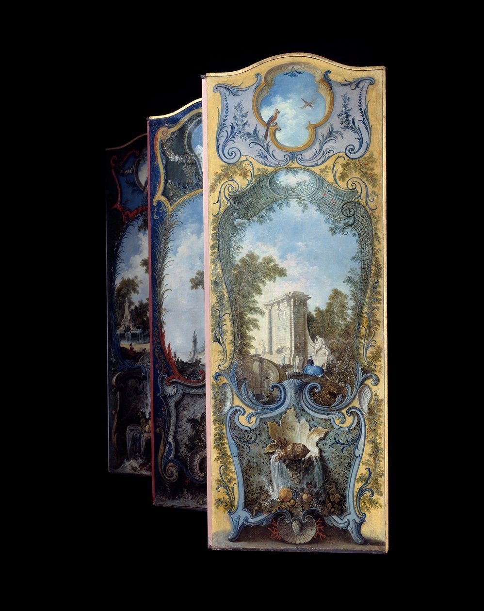 Möbel: bemalter Paravent auf Marouflé-Papier von Jacques de Lajoüe