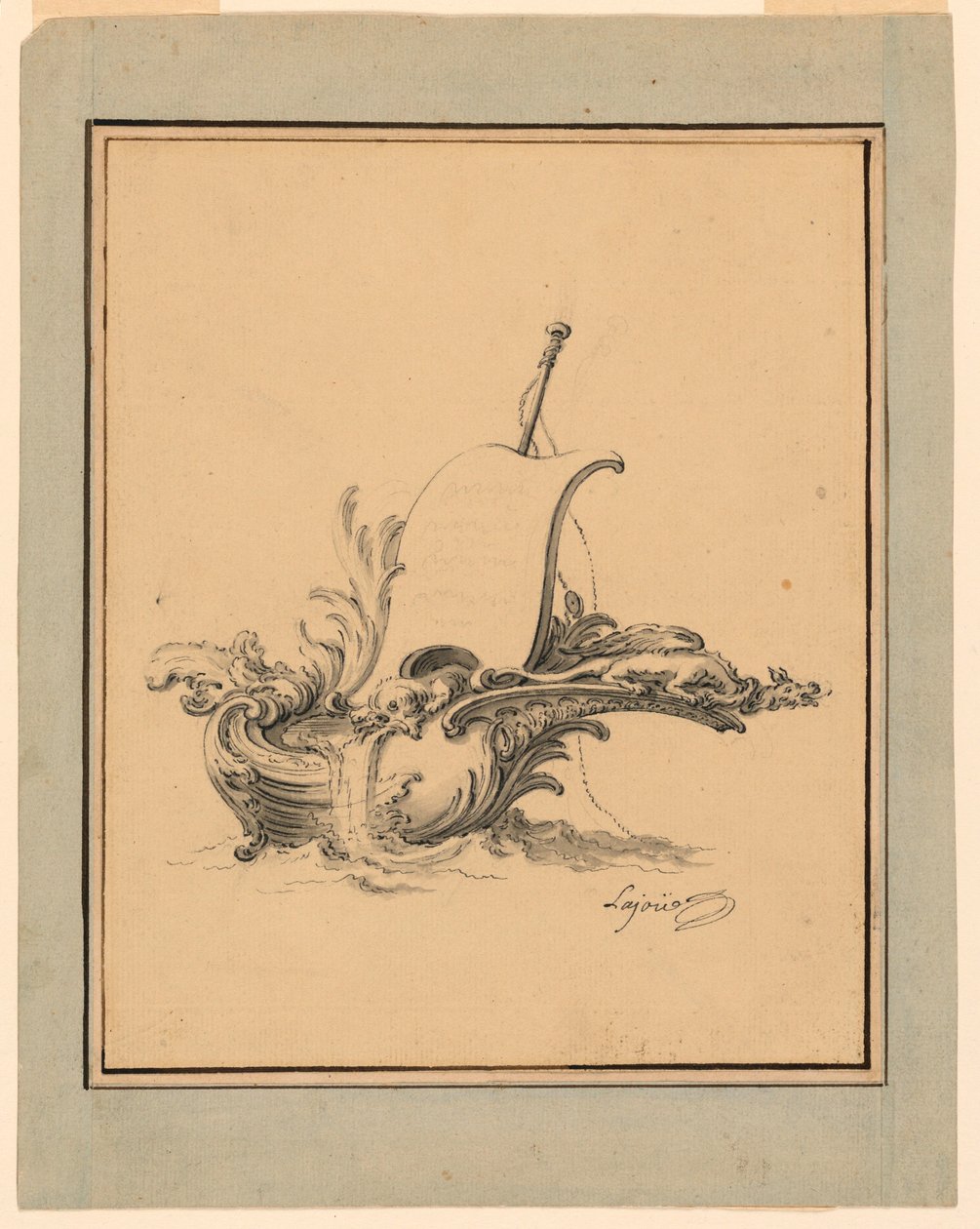 Entwurf für ein Wappen in Form eines Bootes mit Segel, für Recueil Nouveau de Differens Cartouches, 1734 von Jacques de Lajoüe
