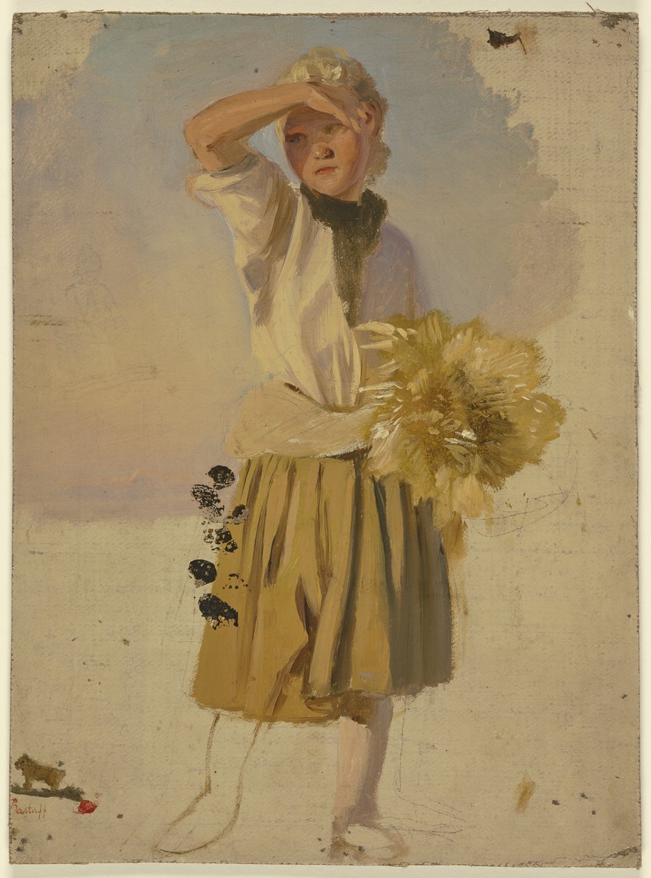 Bauernmädchen mit Garbe, die Augen vor der Sonne schirmend von Jakob Becker