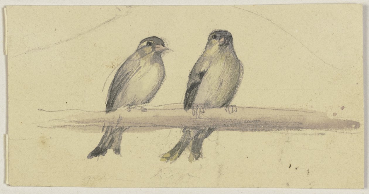 Zwei Vögel auf einer Stange von Jakob Becker