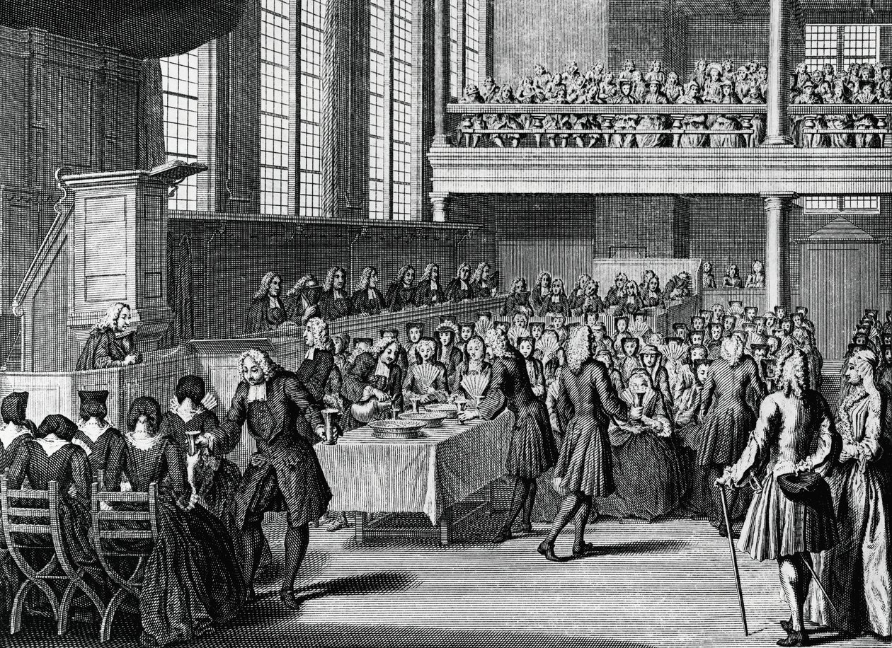 Abendessen der Anabaptisten, Gravur von Jacobus van der Schley aus Religiöse Zeremonien und Bräuche aller Völker der Welt von Jakob van der Schley