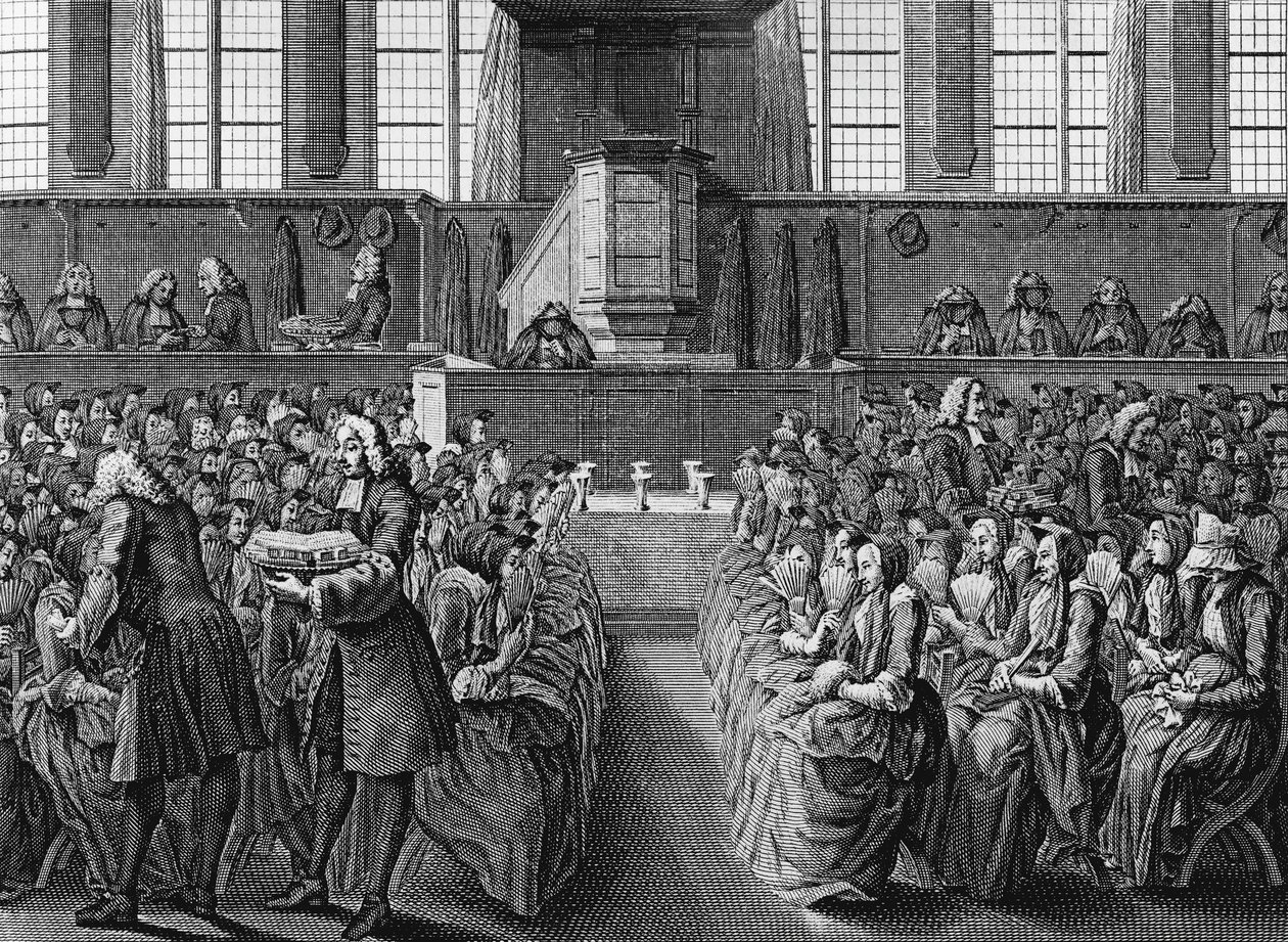 Abendessen der Anabaptisten, Gravur von Jacobus van der Schley aus Religiöse Zeremonien und Bräuche aller Völker der Welt von Jakob van der Schley