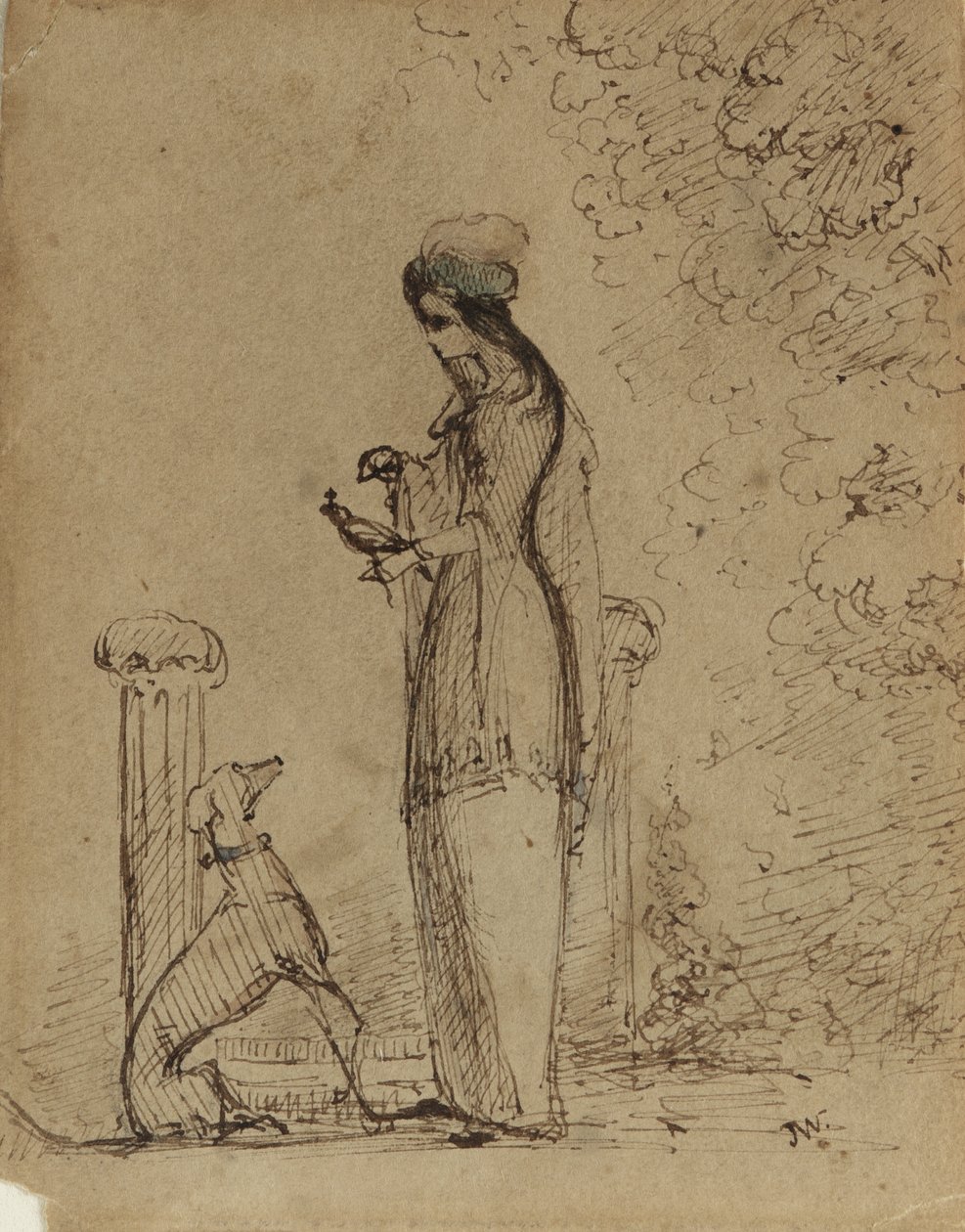 Eine Frau mit einem Hund und Vogel, ca. 1850-51 von James Abbott McNeill Whistler