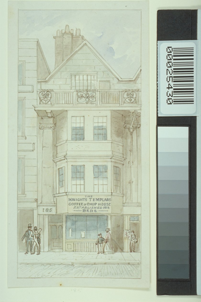 Ansicht von Nr. 185 Fleet Street, mit Figuren, die an Knights Templars Coffee und Chop House vorbeigehen von James Findlay