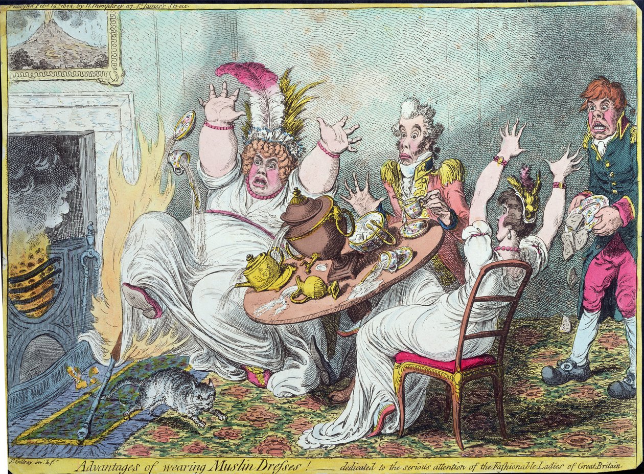 Vorteile des Tragens von Musselinkleidern! gewidmet der ernsthaften Aufmerksamkeit der modischen Damen Großbritanniens, veröffentlicht von Hannah Humphrey, 1802 von James Gillray
