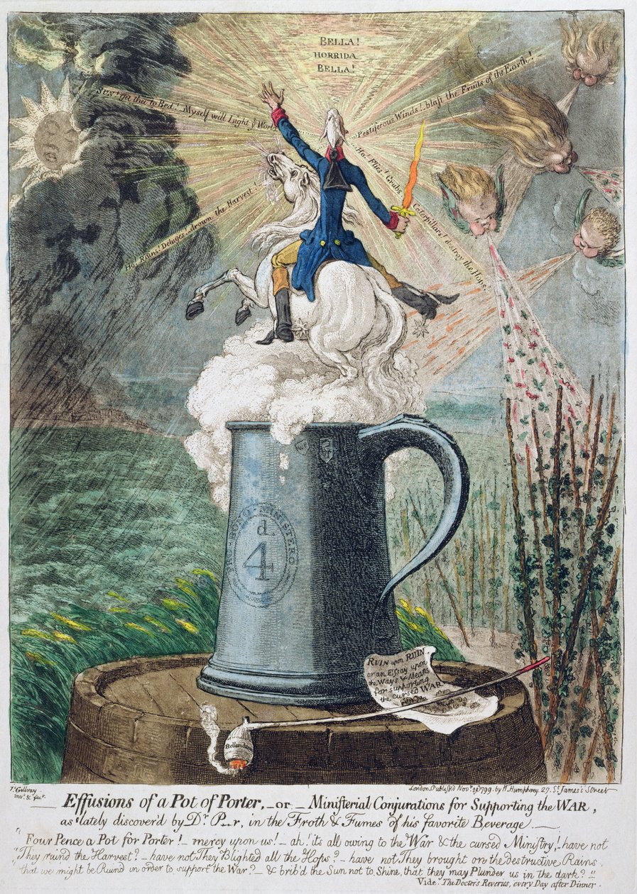 Ausströmungen eines Kruges Porter oder Ministerielle Beschwörungen zur Unterstützung des Krieges, veröffentlicht von Hannah Humphrey 1799 von James Gillray