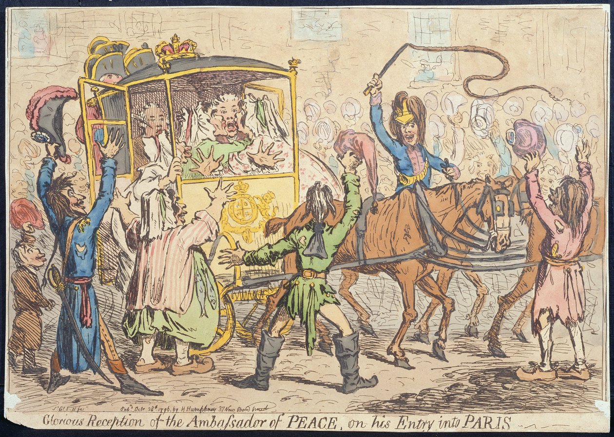 Glorreicher Empfang des Friedensbotschafters bei seinem Einzug in Paris, veröffentlicht von Hannah Humphrey 1796 von James Gillray
