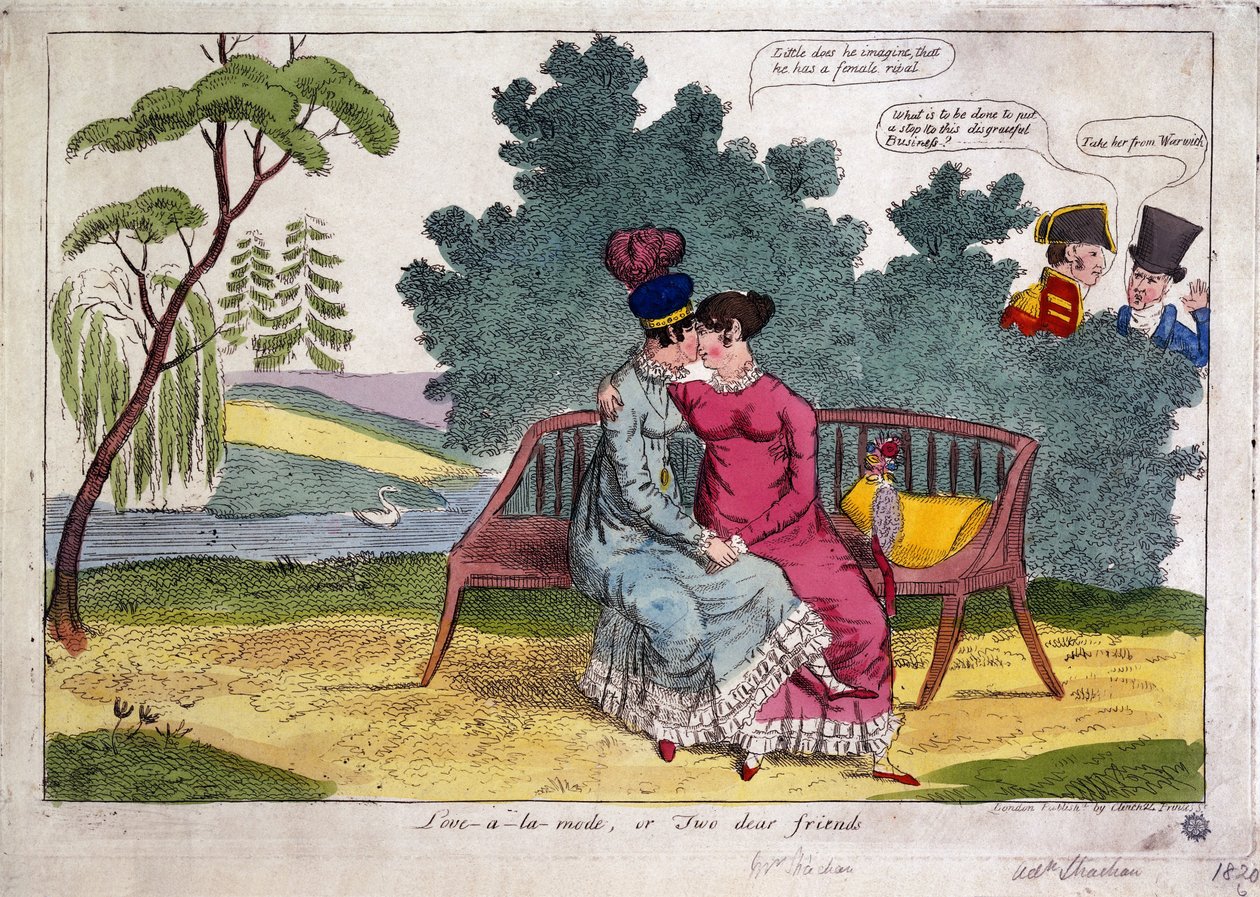 Lady Strachan und Lady Warwick machen Liebe in einem Park, während ihre Ehemänner missbilligend zusehen von James Gillray