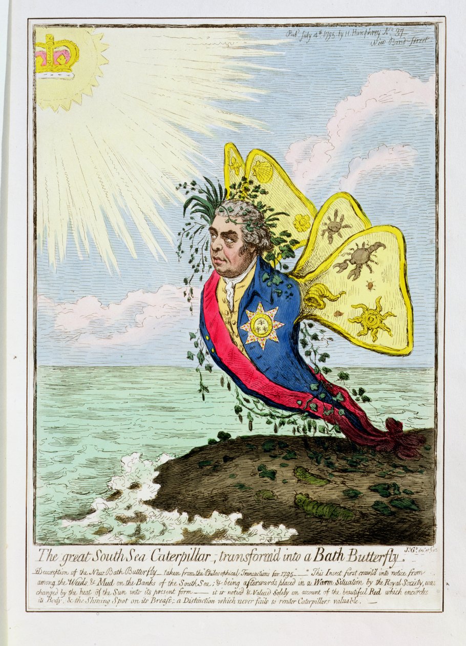 Die große Südsee-Raupe verwandelt sich in einen Bad-Schmetterling, veröffentlicht von Hannah Humphrey, 1795 von James Gillray