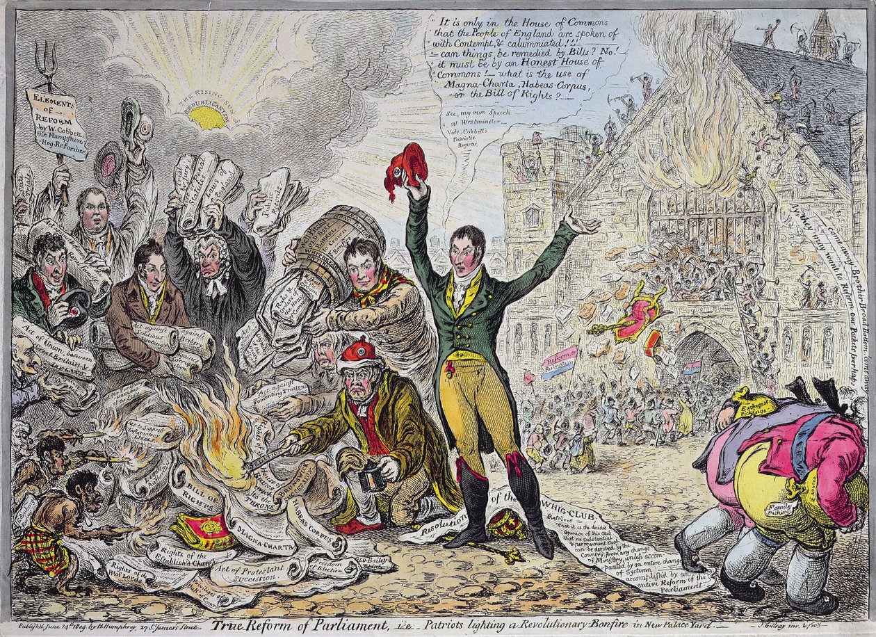 Wahre Reform des Parlaments, d.h. Patrioten entzünden ein revolutionäres Lagerfeuer im New Palace Yard, veröffentlicht von Hannah Humphrey im Jahr 1809 von James Gillray